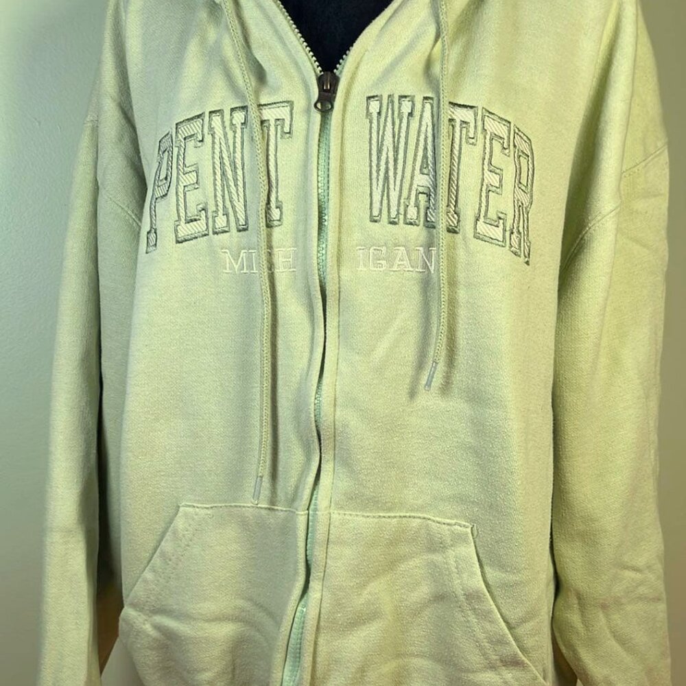 PentWater Michigan‎ Pale Green LG Full Zip Tourist Hoodie Travel Hiking Camping